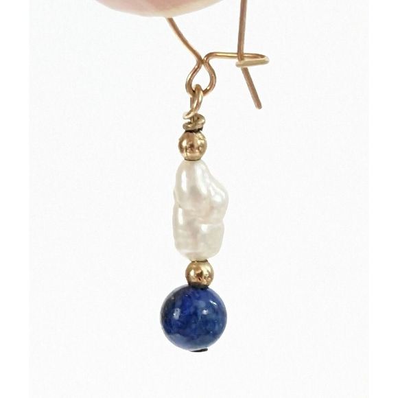 Baroque Pearl Lapis Lazuli Gold Tone Kidney Wire Dangle Earrings Elegant Dainty - Picture 6 of 11